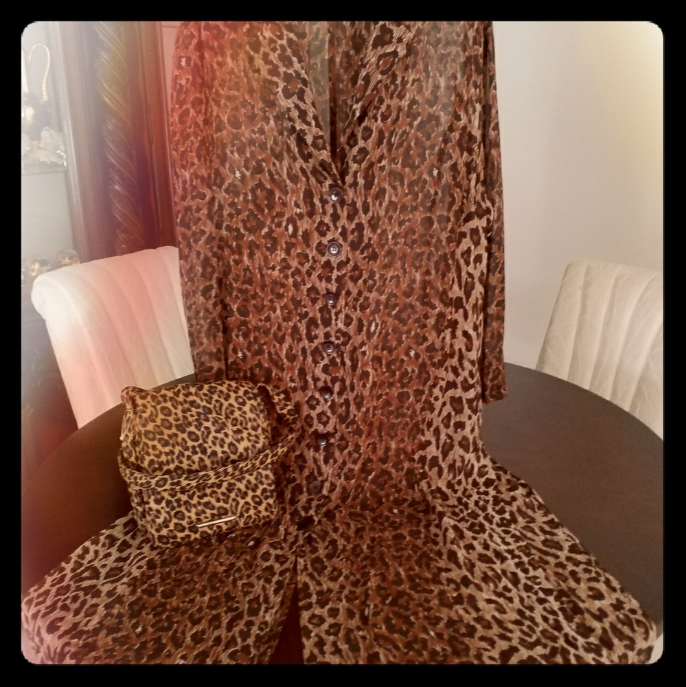 APART 100%SILK LONG SHEER  COAT LEOPARD &BAG XL